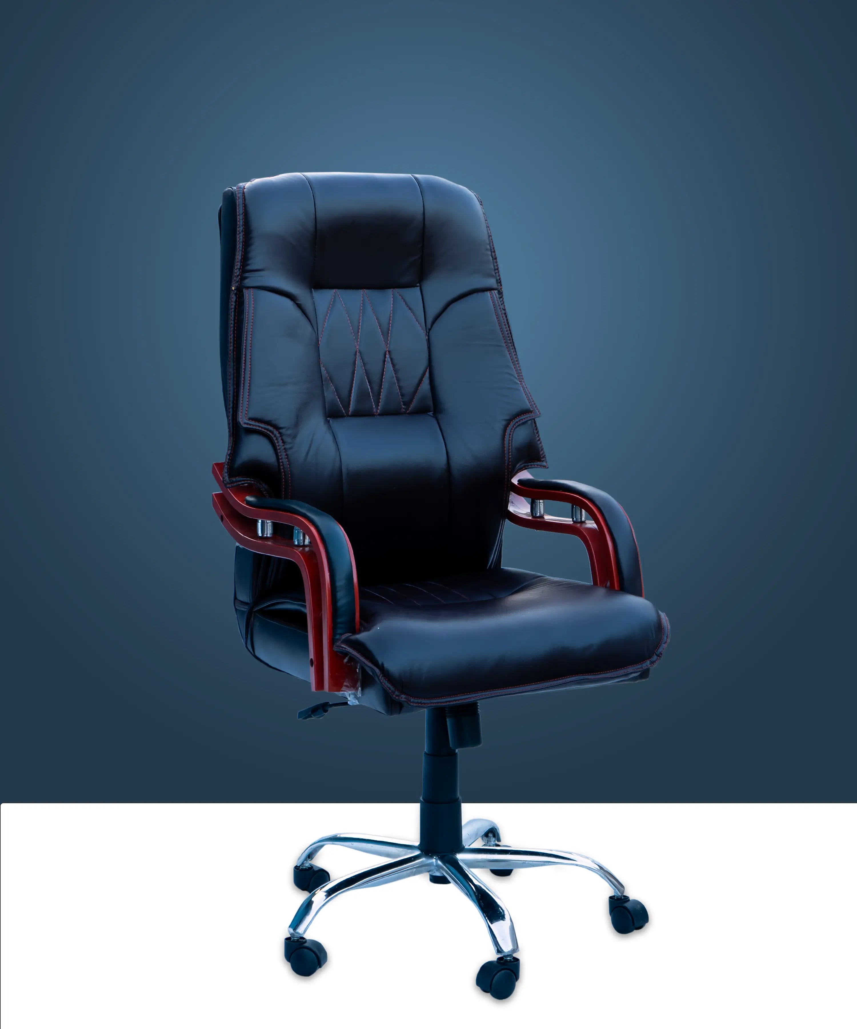 Executive Office Chair with Black Leather Finish & Wooden Armrests | Adjustable Height Premium Office Chair