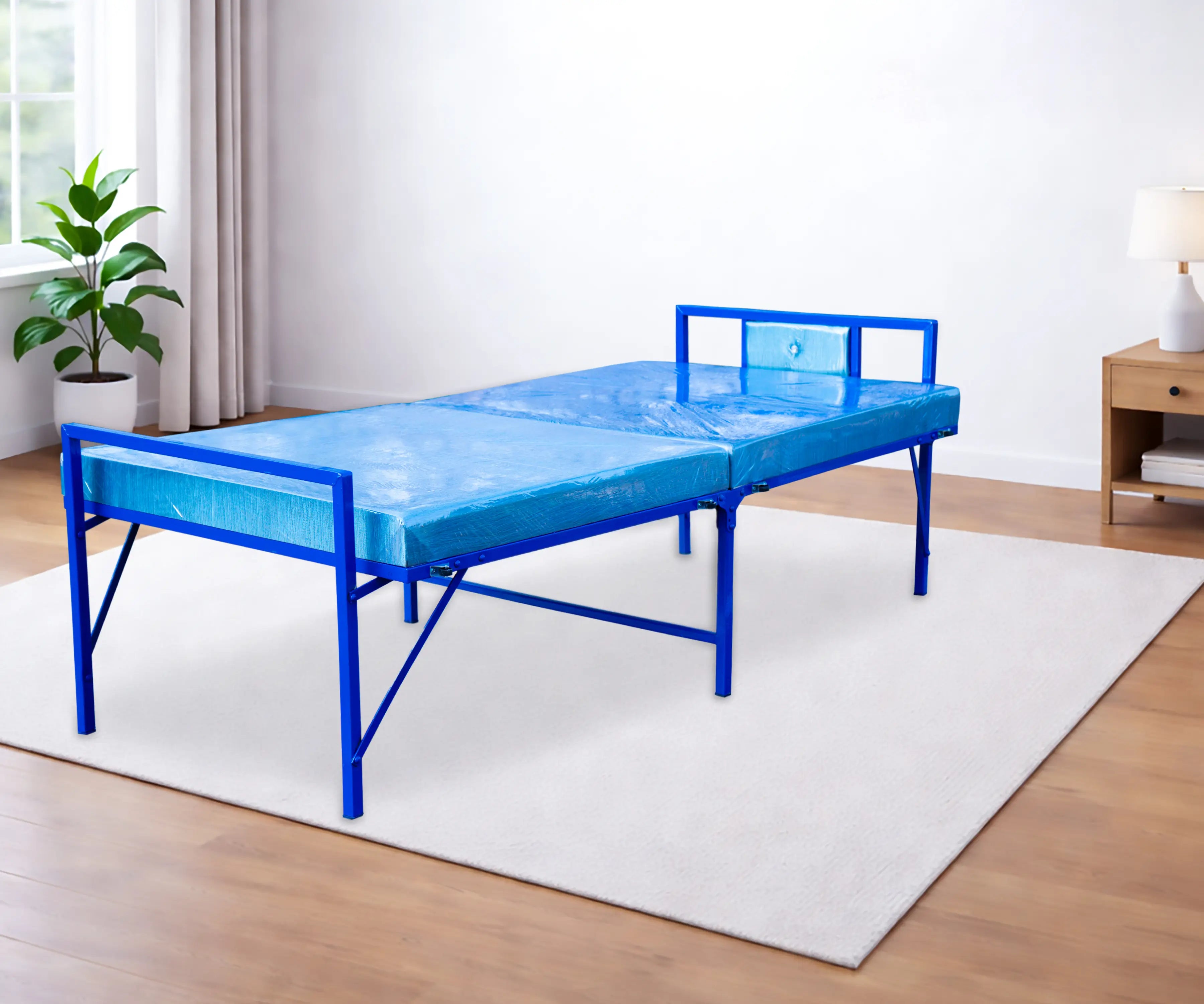 FourKay Heavy-Duty Single Metal Bed with 50mm HD Foam Mattress – Blue | 72×36 Inch